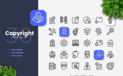 Set di 30 icone di contorno del copyright