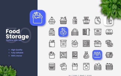 Ensemble d&amp;#39;icônes de contour de stockage de 30 aliments