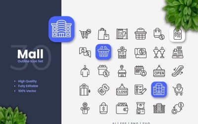 Conjunto de 30 iconos de contorno del centro comercial