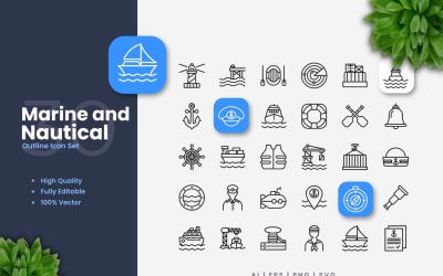 30 Marine And Nautical Outline Icons Set