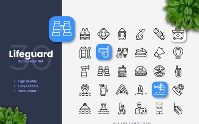 30 Lifeguard Outline Icons Set