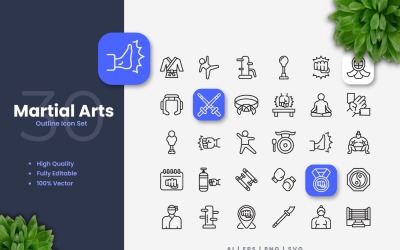 30 Martial Arts Outline Icons Set