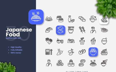 Set di 30 icone di contorno di cibo giapponese