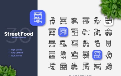 Conjunto de 30 ícones de contorno de comida de rua