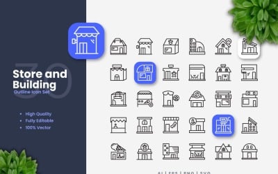 Conjunto de 30 iconos de contorno de tienda y edificio