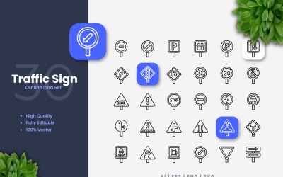 30 Traffic Sign Outline Icons Set
