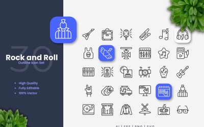 30 Rock-and-Roll-Umriss-Icons-Set