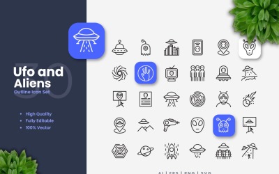 Set di 30 icone di contorno UFO e alieni