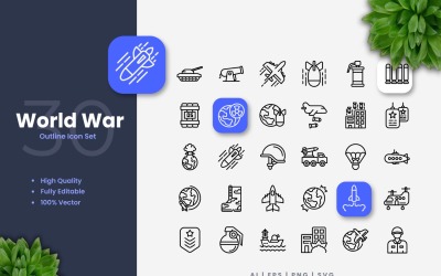 Zestaw 30 ikon zarys wojny światowej