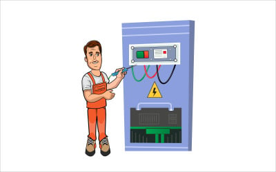 Ilustracja przedstawiająca elektryka pracującego z tablicą rozdzielczą