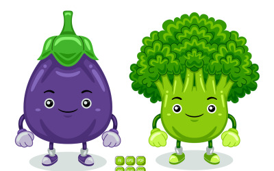 Patlıcan ve Brokoli Maskot Karakter Vektörü