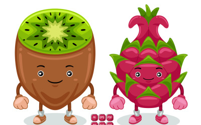 Dragon Fruit and Kiwi Mascot Character Vector