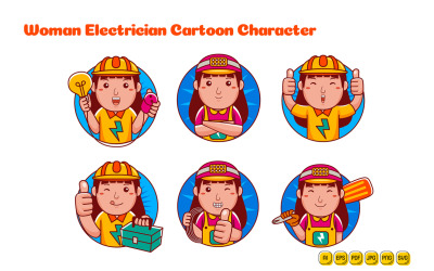 Pacote de logotipo de personagem de desenho animado de mulher eletricista