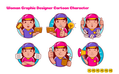 Grafik Tasarımcı Kadın Çizgi Film Karakteri Logo Paketi