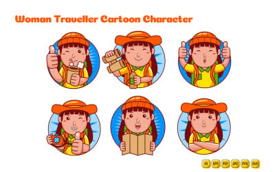 Pacote de logotipo de personagem de desenho animado de mulher viajante