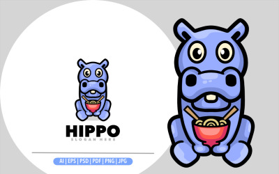 Modelo de design de logotipo de ramen de mascote de hipopótamo fofo