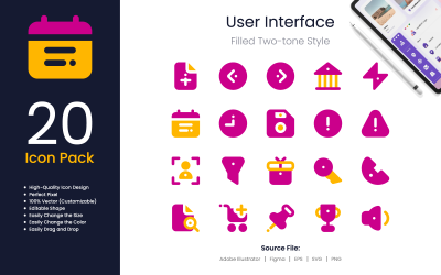 Pakiet ikon interfejsu użytkownika wypełniony dwukolorowym stylem