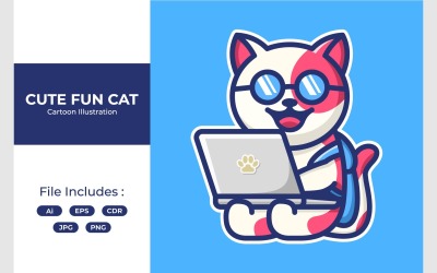Ilustración de ordenador portátil de dibujos animados lindo gato
