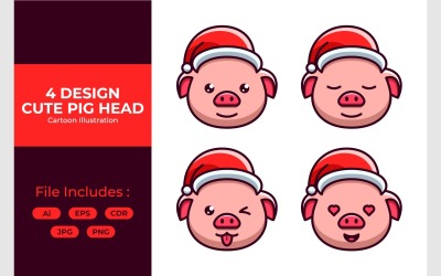 Set Cute Pig Head Flat Illustration