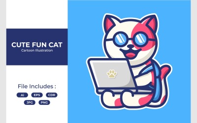 Söt katt tecknad bärbar datorillustration