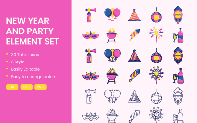 Nyår &amp;amp; Party ikoner Set