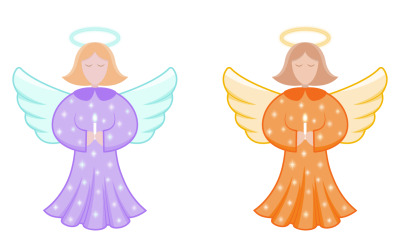 Vector anjos de Natal em cores roxas e laranja, com estrelas brilhantes e uma vela