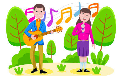 Couple singing and playing the guitar at the park  Vector Illustration
