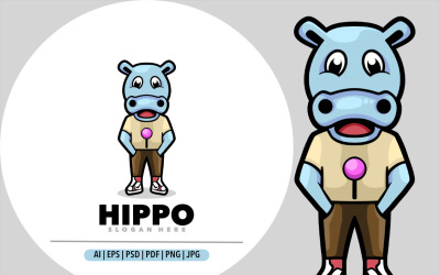 Modelo de design de ilustração de desenho animado de mascote de hipopótamo