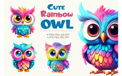 Sevimli gökkuşağı baykuşları. Tişört çıkartması.