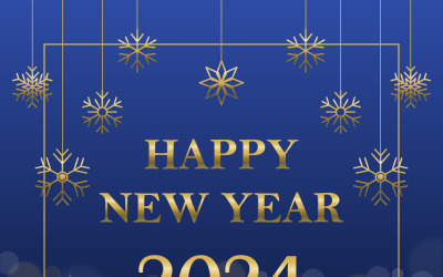 Blaues Farbverlaufsbanner für das neue Jahr 2024 mit Schneeflocken und Bokeh-Licht