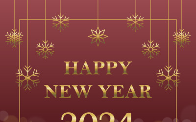 New Year 2024 red gradient banner with snowflakes and bokeh light