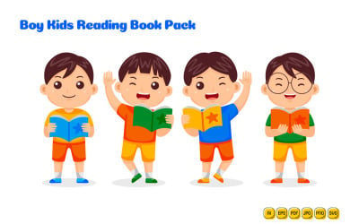 Хлопчик, діти, читаючи книжку, векторний пакет №01