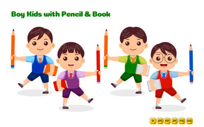 Chłopiec dla dzieci z ołówkiem i książką — pakiet wektorowy nr 01