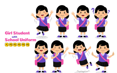 Girl Student with School Uniform Vector Pack #02