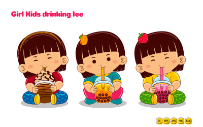 Lány gyerekek iszik gyümölcs jég vektor csomag #02