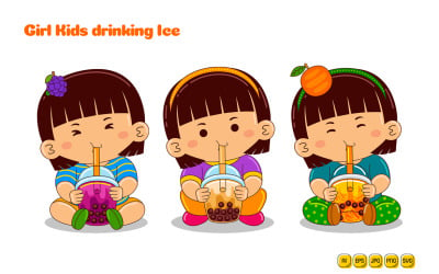 Niña, niños, bebida, fruta, hielo, vector, paquete, #03