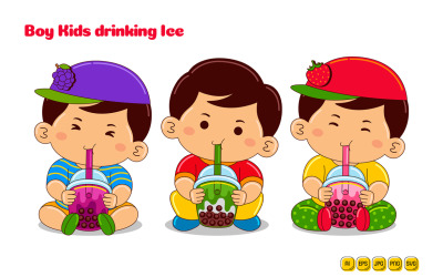 Мальчики Дети пьют ледяной векторный пакет № 05