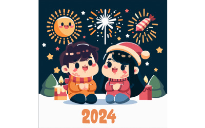 Çift İllüstrasyonlu Mutlu Yıllar 2024 Partisi