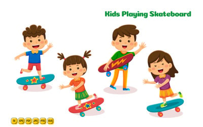 Niños jugando patineta ilustración vectorial 01