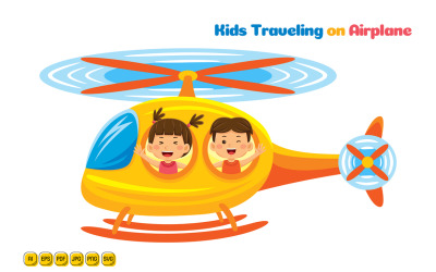Helikopterde Seyahat Eden Çocuklar Vektör Çizim 01