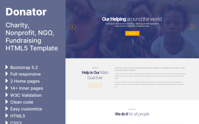 Donátor – charitativní, nezisková, nevládní organizace, šablona HTML5 pro fundraising