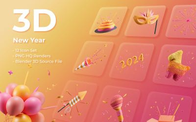 3D-Neujahrs-Icon-Bundle-Design