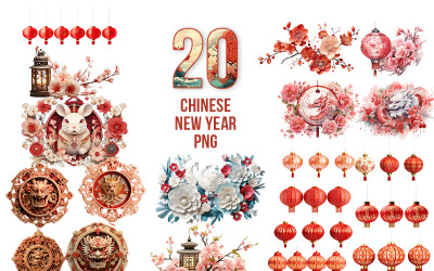 Happy Chinese new year dragon, lantern and flowers elements transparent background