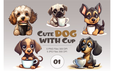 Niedlicher Cartoon-Hund mit Tasse. T-Shirt-Aufkleber.