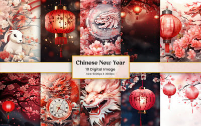 Kinesiska nyåret bakgrundsuppsättning, färgglada lykta, drake kinesisk stil festival dekorativ konsistens