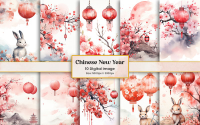 Paquete de fondo de flores de feliz año nuevo chino con linterna y papel digital chino acuarela
