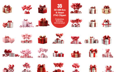 Set of Realistic red and pink heart shape balloons and 3d Gift box transparent background