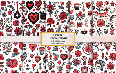 Clipart d&amp;#39;autocollant de doodle de fleur de rose, décoration de motif d&amp;#39;éléments floraux sur fond blanc
