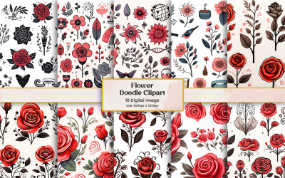 Conjunto de doodle do dia dos namorados, clipart de adesivo de amor de coração, fundo de decoração de elementos florais