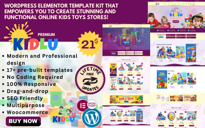 Kidlu – комплект шаблонів WooCommerce Elementor для магазинів іграшок, одягу та модного одягу